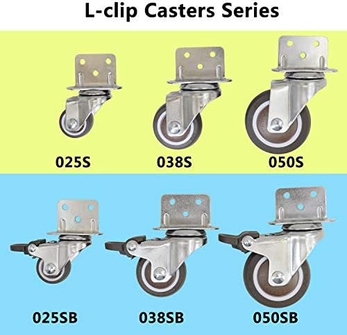 Casoter 2"(50mm) L-Shaped Plate Swivel Caster, Ball Bearing L-Clip Side Mount Plate TPE Rubber Wheel Metal Housing, 4 Pack Total Load Capacity 190Lbs/87Kg for Narrow Install Place of Furniture