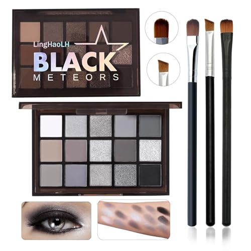 Black Grey Smoky Eyeshadow Palette,15 Colors Matte Shimmer Pigmented Eye Shadow Makeup Palette Set with 3 Eyeshadow Brushes,Glitter Eyeshadow Makeup Palette for Daily Halloween Goth Makeup