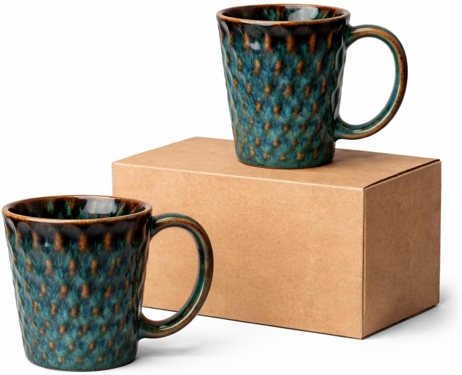 Ceramic Coffee Mug 12 oz, Reactive Glaze Stoneware Cup with Textured Grip, Lead-Free Microwave & Dishwasher Safe Mug for Coffee, Tea, Latte, Hot Cocoa, Office & Home Gift (Teal - 2 Pack)