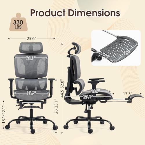 Image of ECOTOUGE Mesh Ergonomic Office Chair with Footrest, High Back Mesh Gaming Chair with Lumbar Support, Adjustable Headrest and Armrests for Home Office Desk Chair, Grey