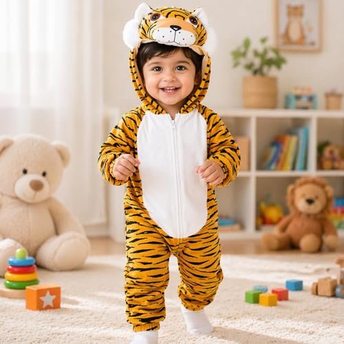 Image of Raj Costume Animal Fancy Dress Costume for Boys & Girls | Hooded Full Body Wildlife Zoo Animal Jumpsuit | Soft Costume for School Function, Fancy Dress, Halloween, Birthday, Cosplay & Role Play
