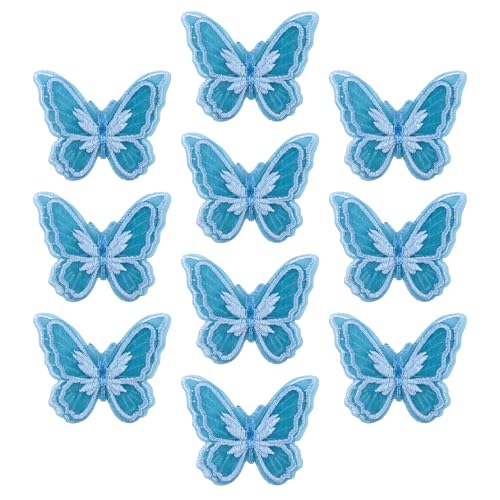 URROMA 10 apliques de mariposa de nailon, color azul, para coser en doble capa, parches de encaje de doble capa, tela de organza para ramos