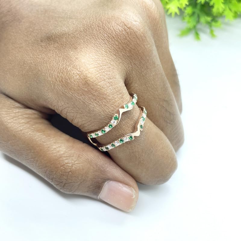 Green Emerald & White Diamond V Shaped Enhancer Guard For Women, 14k Gold Finish May Birthstone Green Emerald Wrap Ring, Anniversary Band