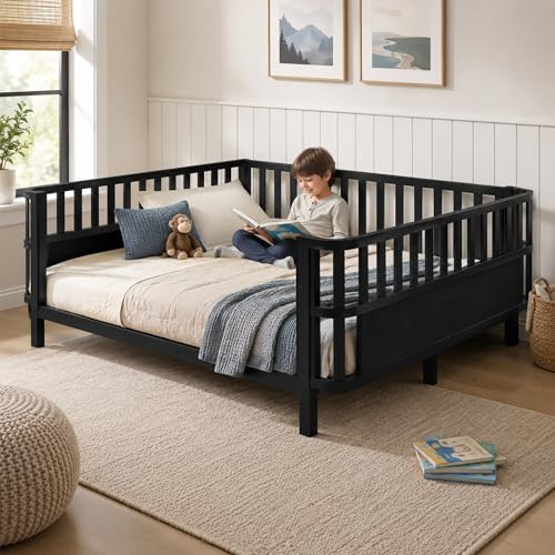 OYUMOENTS Full Size Bed Frame Kids Metal Low Profile Montessori Bed Full with Removable Side Rails & Rounded Corner Design Kids Daybed for Boys Girls No Box Spring Needed Easy Assemble Black