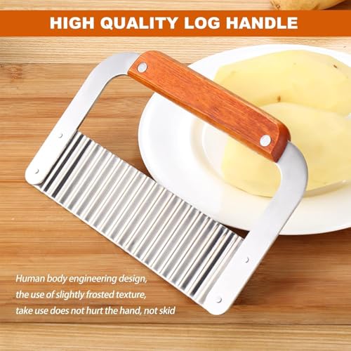 Image of Stainless Steel Wavy Blade Crinkle Cutter Knife - Vegetable & Potato Chip Slicer with Durable Nylon Handle - French Fry Cutter, Fruit, Salad, and Garnish Making Tool for Kitchen (Wood Brown)