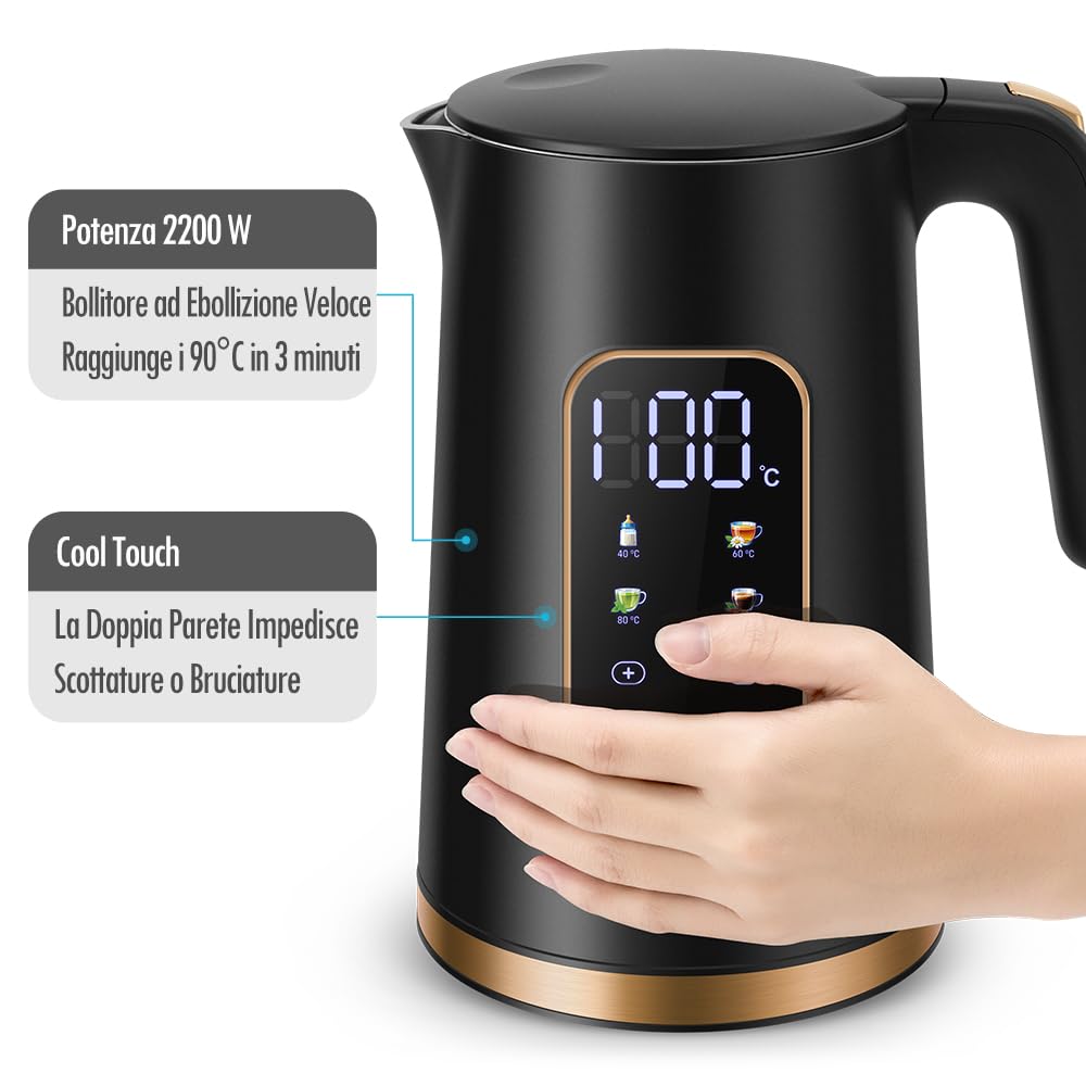 Bollitore In Vetro Da 1,7 Litri, 100% Senza BPA, 2200 Watt, In Acciaio