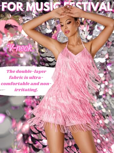 Image of Kaei&Shi Sequin Fringe Romper,Sparkly Glitter Metallic Jumpsuits For Women,Backless Shorts Dress Disco Birthday Dance Outfit