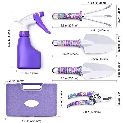 Garden Tool Set, Potable Durable Gardening Planting Tools Gift Kit with Non-Slip Rubber Grip, Including Anti-Rust Trowel, Cultivator, Pruning Shear, Water Sprayer and Case(5 Piece)