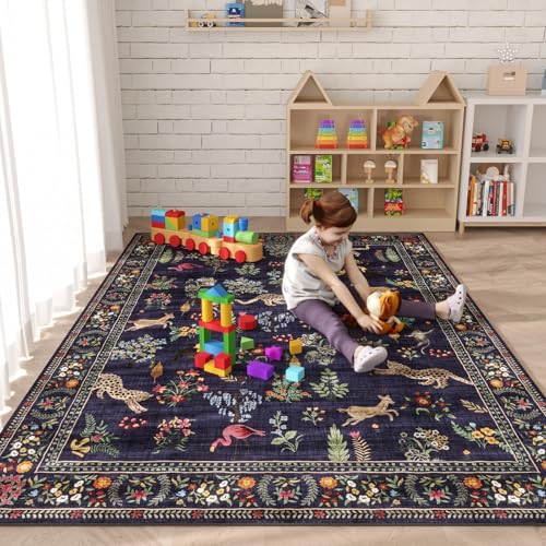 Living Room Rug 6x9 Rug Machine Washable Boho Area Rug Non Slip Floral Animal Vintage Low Pile Large Rug for Living Room, Bedroom, Farmhouse, Dining Room, Kids Playroom (Blue)