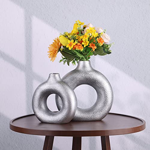 Silver Vase, Silver Ceramic Vase Set Of 2 - Silver Vases For Decor, Silver Vases For Centerpieces, Silver Flower Vase - Apply To Living Room, Kitchen, Mantle, Bedroom, Dining Table, Office, Farmhouse #TOP6