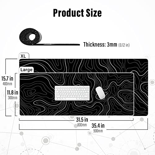 Image of Ovenbird Extra Large Mouse Pad, Extended Topographic Map Gaming Mousepad with Non-Slip Base & Stitched Edges, 35.4 inch x 15.7 inch, Black