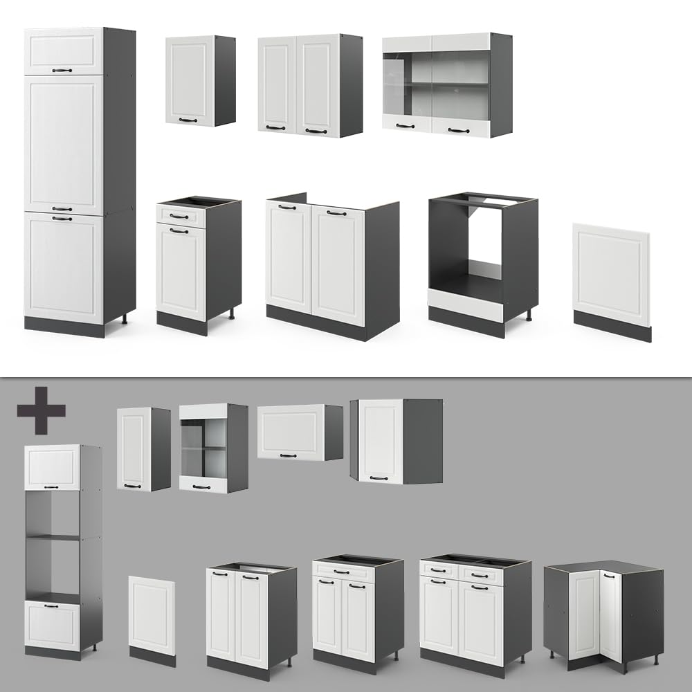 Vicco Küchenzeile R-Line, Weiß Landhaus/Anthrazit, 300 cm | AP Anthrazit, geeignet zur individuellen Erweiterung durch Zusatzmodule