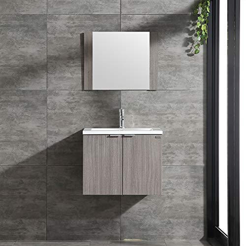 Walnest Modern Bathroom Vanity and Sink Combo, Wall Mounted Cabinet Wood with Ceramic Sink, Chrome Pop-Up Drain Chrome Faucet and Mirror