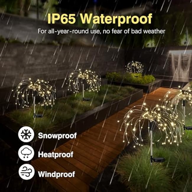 Firework Solar Garden Lights 4 Pack, 120 LED Solar Firework Lights with 8 Lighting Modes, Waterproof Sparkler Starburst Solar Lights Outdoor for Yard Porch Patio Backyard, Warm