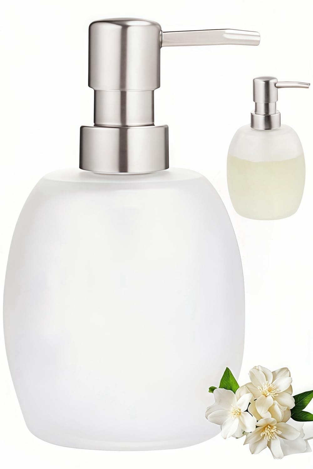 Photo 1 of **MISSING LID**Abriclo Glass Soap Dispenser, Glass Hand Soap Dispensers Refillable with 304 Rust Proof Stainless Steel Pump for Kitchen Bathroom-14 Oz, Apple Shape