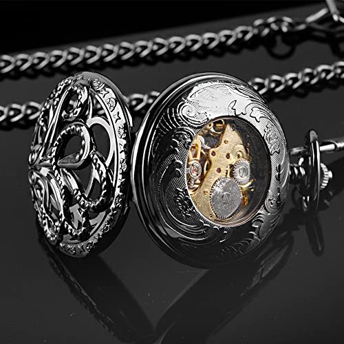 Image of Hand Winding Hollow Roman Numerals Mechanical Pocket Watch Steampunk Mens Watches