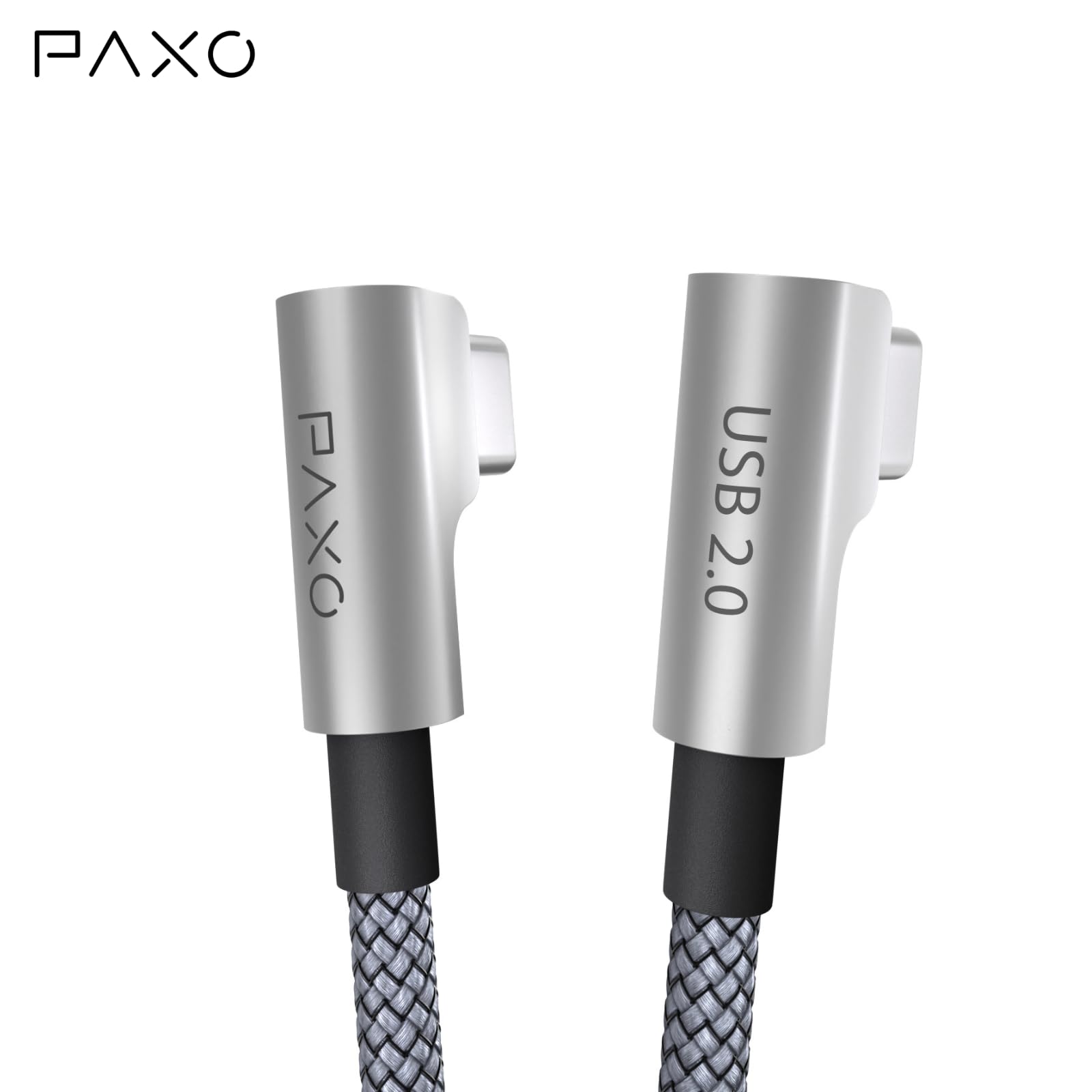 PAXO 0.5m charging cable, 3A, USB C to USB C cable, USB 2.0, elegant angled plug, particularly flexible fabric sheath in silver - Image 2