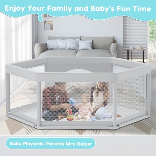 Image of Fshibila 65 inch x65 inch Hexagonal Baby Playpen, Baby Playard for Babies and Toddlers, BabyFence Play Pens for Indoor & Outdoor, Sturdy Safety Play Yard with Soft Breathable Mesh, Anti-Fall, Grey