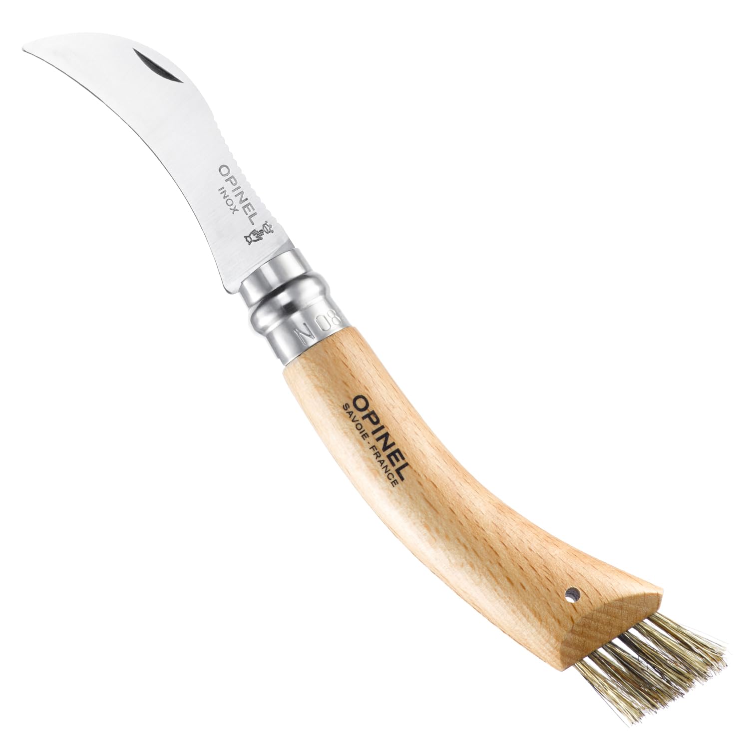 Opinel No. 08 Mushroom Knife – Pick + Clean Mushrooms, Beechwood Handle, Integrated Brush, Curved Sandvik Steel Blade, Made in France