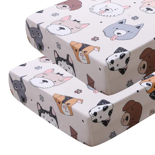 Image of Soft Doggy Cute Puppy Doggies Printed Fabric Crib Sheet for Boys Girls,2 Pack Crib Mattress Sheets or Toddler Bed Sheet, Baby Bassinet Sheets Fitted Crib Sheet (Cream)