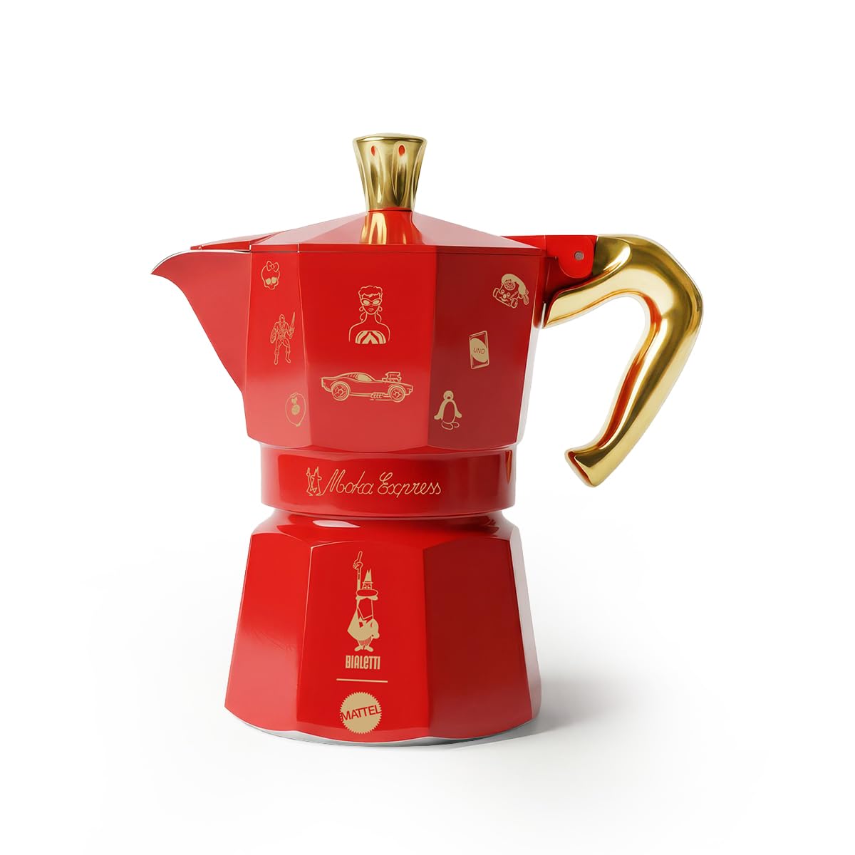 Bialetti Moka Express de 3 tazas (130 ml) Edición Mattel Octagésimo, cafetera de colección con lata celebrativa - Fabricada en aluminio, no apta para inducción, roja