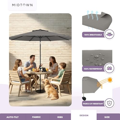 Image of Midtown Umbrellas 10-Year-No-Fade - 9 Ft - UV Proof Charcoal Grey Polyester Fabric - Umbrella Outdoor Patio, Auto-Tilt Aluminum Frame Patio Umbrella for Garden, Pool & Deck - Black Pole