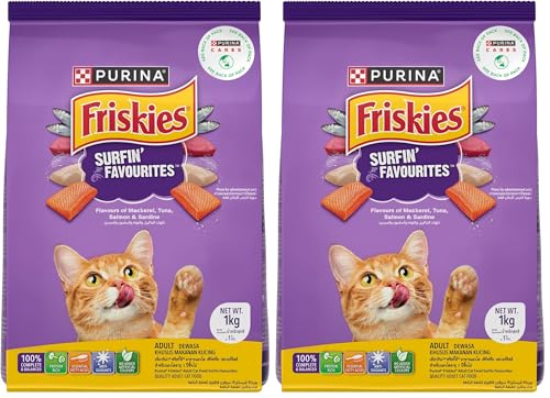 Image of FRISKIES Surfin' Favourites Cat Food, Mackerel Tuna Salmon & Sardine Flavours, 1kg, Packet (Pack of 2), Adult, Dry