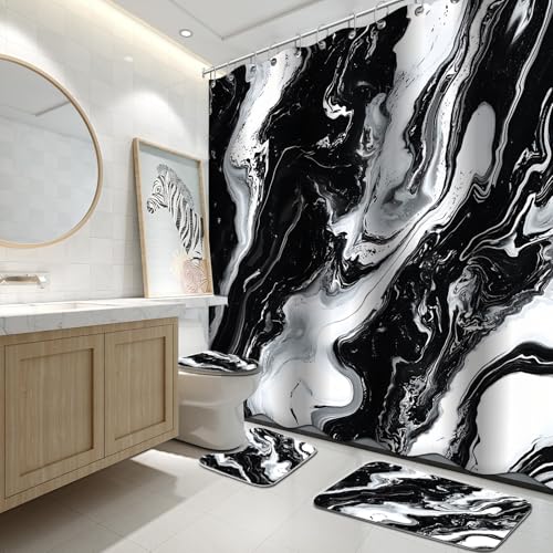 Lnond 4Pcs Marble Bathroom Sets with Shower Curtain and Rugs,