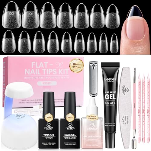Beetles Gel Nail Kit Flat-X Almond Short 320pcs 16 Sizes Nail Tips 20g Nail Glue Gel Hand-Free 10ml Glue Remover 7.5ml Base Gel & Top Coat Mini Lamp Acrylic Press On Nail Extension DIY at Home