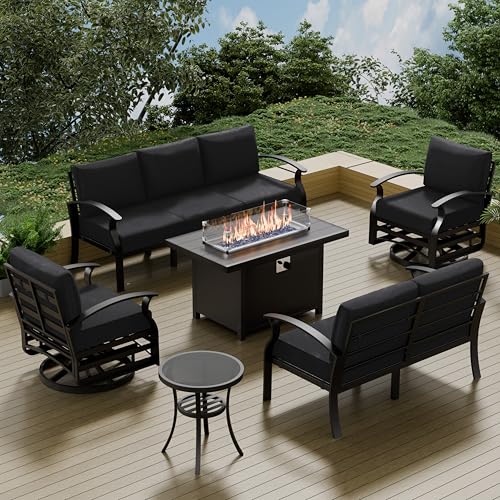 Aluminum-Patio-Furniture-Set-with-Fire-Pit-Table-7-Seats-Outdoor-Patio-Conversation-Sets-with-Swivel-Chair-Modern-Metal-Patio-Sectional-Sofa-with-Upgrade-Cushions-for-Patio-Backyard-Dark-Grey Aluminum Patio Furniture Set with Fire Pit Table 7 Seats Outdoor Patio Conversation Sets with Swivel Chair Modern Metal Patio Sectional Sofa with Upgrade Cushions for Patio Backyard Dark Grey