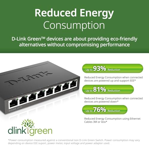 Image of D-Link DGS-108, 8 Port Gigabit Ethernet Switch Unmanaged, Network Splitter, Silent Fanless, Network Hub, Sturdy Metal with Shielded Ports, Compact Desktop /Wall Mount, QoS, Energy Saving, Plug and Play