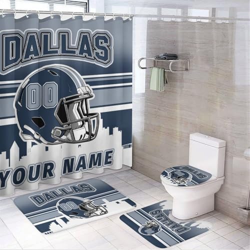 Custom 4PCS Dallas Shower Curtain Set for Bathroom Personalized Name and Number Shower Curtain Bath Mat Toilet Mats for Women Men Teenager Boys 72 Inch X 72 Inch