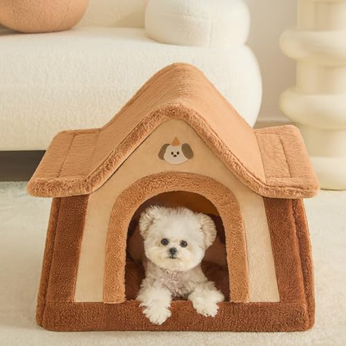 猫 ベッド 洗える 暖かい ペットハウス 冬用 ペットベッド 小型犬用 猫ハウス 屋根 犬ベッド 可愛い 犬ハウス 寒さ対策 室内 滑り止め ふわふわ ぐっすり眠る クッション付き 猫犬用 保温 快適 ブラウンA