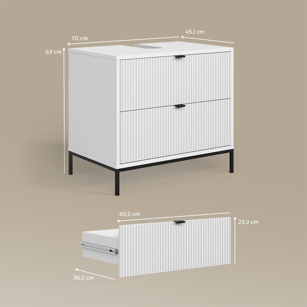 Livinity Meuble sous Vasque Simple Aterno, Blanc, 70x63cm avec 2 tiroirs coulissants