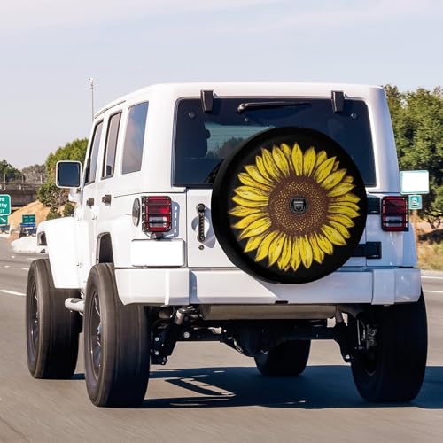 Image of Retro Sunflower Spare Tire Cover with Backup Camera Hole Wheel Tire Cover Fit Trailer, RV, SUV and Many Vehicle 14inch