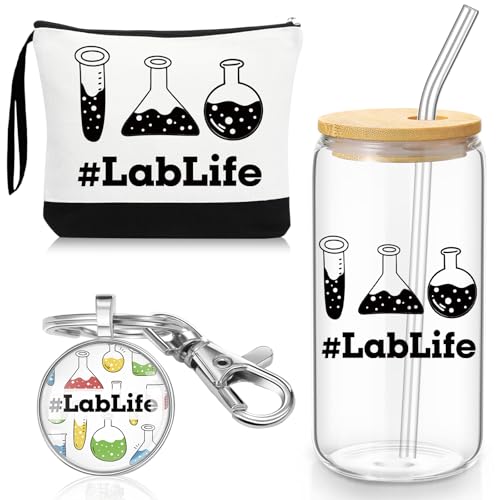 Kacctyen Lab Week Gifts for Women, Medical Laboratory Staff Appreciation Gift Set, Lablife Makeup Bag with Keychain and 17 oz Glass Cup with Lid and Straw, Lab Technician Gift