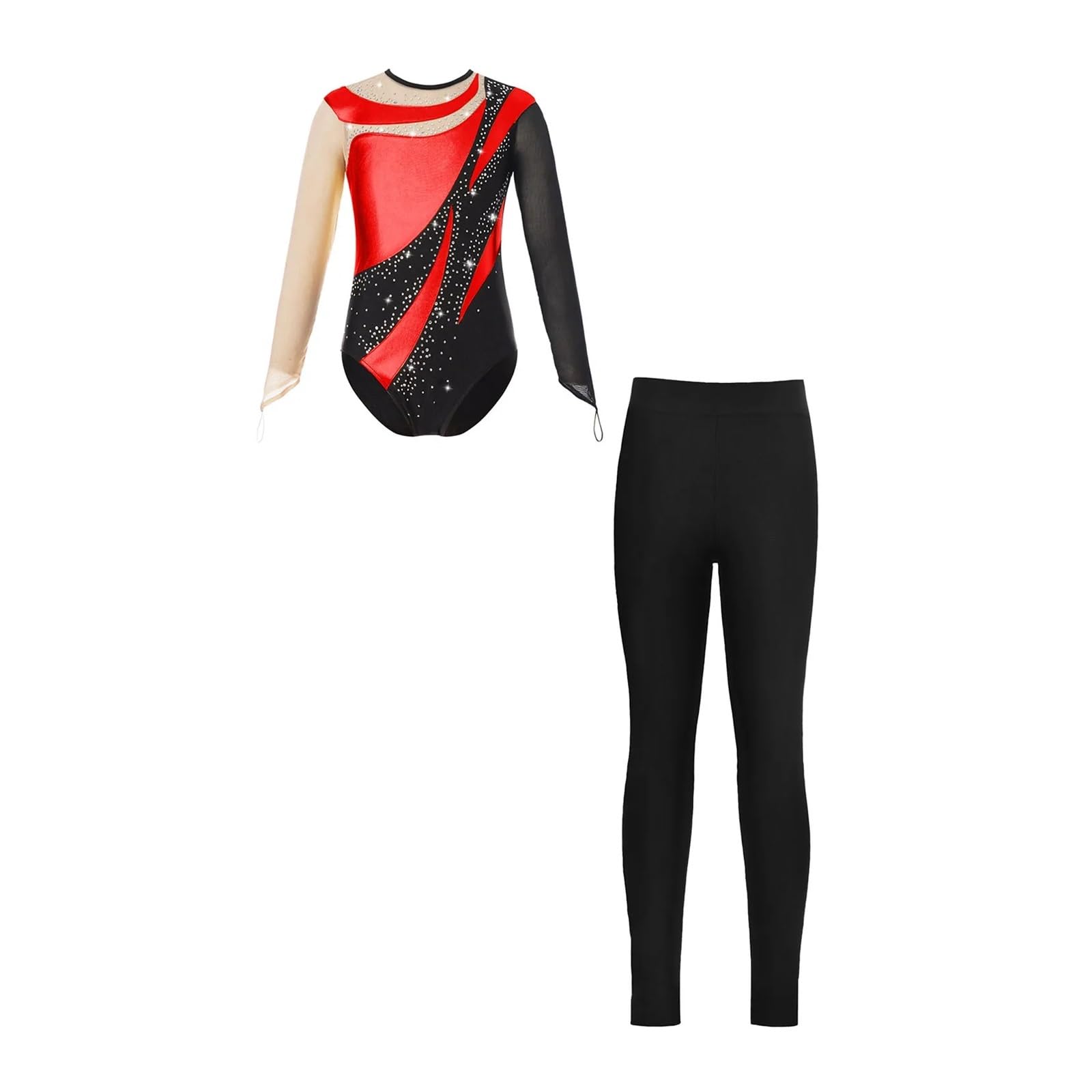 Maillots Gimnasia Mono de gimnasia de manga larga con polainas, conjuntos de ropa de baile de leotardos de ballet, mono de patinaje con diamantes de imitación for niñas Para Gimnasia Danza(Red,10)