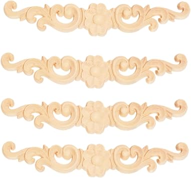 MUXSAM Wood Appliques Decorative Carved Onlays, Long Wooden Decals DIY Furniture Decor Rosette Carvings for Door Cabinet Mirror Dresser Bed Wall Fireplace Mantels, 4-Pack, 16x3cm/6.3"x1.2"