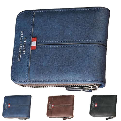 LaresDay Herren Leder-Geldbörse Querformat mit Klappe | Geldbeutel Brieftasche Portemonnaie Portmonee | RFID-Schutz & 6 Kartenfächer | Maße 12 x 9.5 x 2.5 cm (Blau)