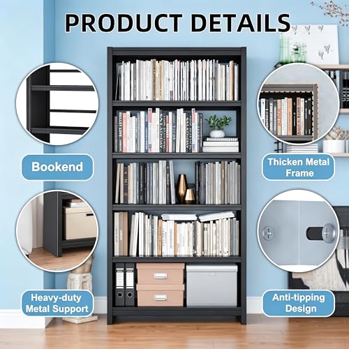 Image of 69 inch Tall Bookshelf, Industrial Bookcase, Easy Assembly, Black | Heavy Duty Metal, 5 Tier Display Storage Shelves, For Home Office, Living Room, Study