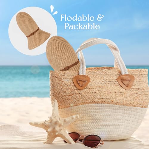Image of Sun Beach Hats for Women,Wide Brim Straw Hats Womens with Chin Strap, Foldable Woven Sun Hat UV Protection