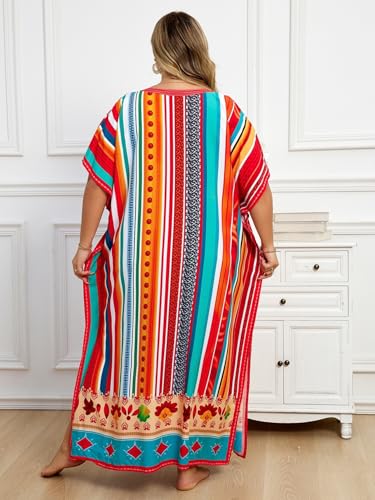 Image of KECVOT Kaftan Dresses for Women V-Neck Print Swimsuit Cover Up Plus Size Beach Caftan Lounge Dress