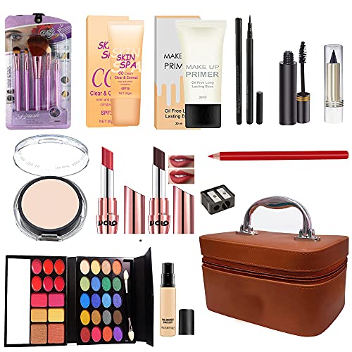 Image of volo All In One Makeup Kit(2 Lipstick,Eye Shadow,Foundation, Pen Eyeliner,Compact,Primer,Kajal, LipLiner, Mascara, Sharpener5Pcs. Brush Set,Concealer With Makeup Box) Set of 18 Pc (Maroon) (Brown)