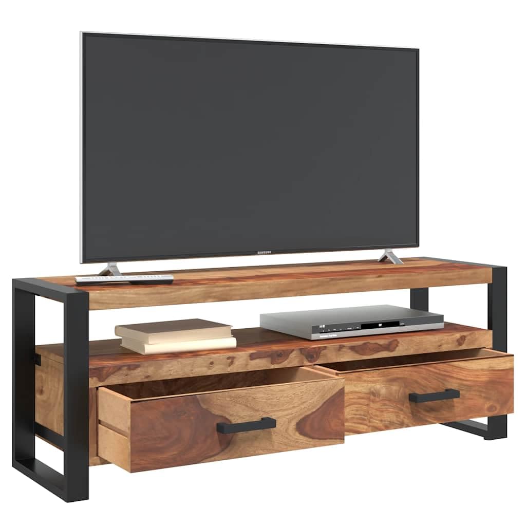 Mobile TV in legno massello di acacia, 120 x 35 x 45 cm, con 2 cassetti, telaio in acciaio verniciato a polvere, credenza bassa per soggiorno, camera da letto, home theater, scaffale
