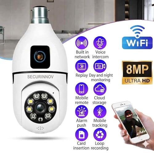 Image of securinnov 4MP /8MP Dual Lens WiFi Light Bulb Camera | Full HD | Color Night Vision | Motion Detection | Two Way Audio | Wireless Home Security Camera with Mobile App V380 Pro (Dual Lens Light Camera)
