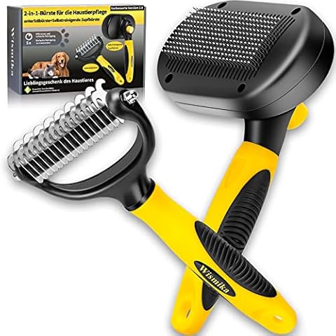 Katzenbürste, Hundebürste, 2-in-1-Bürste für die Haustierpflege,Tierhaarbürste-Unterfellbürste für Hund und Katze, Hundekamm-Fellbürste für Langhaar und Kurzhaar, Selbstreinigende Haustierbürste(Gelb) Cover