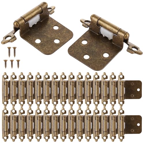 Acrux7 50 PCS 25 Pairs Cabinet Hinges 1/2 Inch Overlay Antique Brass Self Closing, 1.4mm Thickness