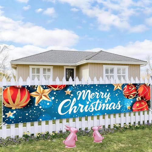 Image of Christmas Ball Ornament Outdoor Banner 78.7 x 17.7 Inch Red and Gold Decoration with Stars Snowflakes and Sparkling Lights Festive Holiday Backdrop for Yard Garden Porch Fence or Patio Display
