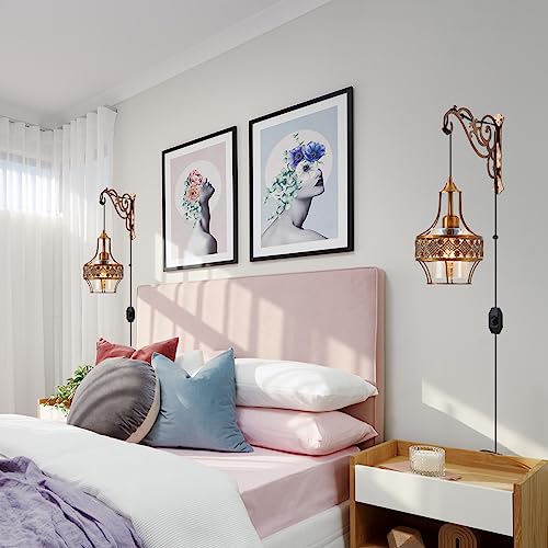 Image of Boho Plug in Wall Sconces Set of Two,Dimmable Vintage Wall Hanging Lights with Plug in Cord with Gold Metal Arm,Wall Mount Hanging Lamp for Bedroom Living Room