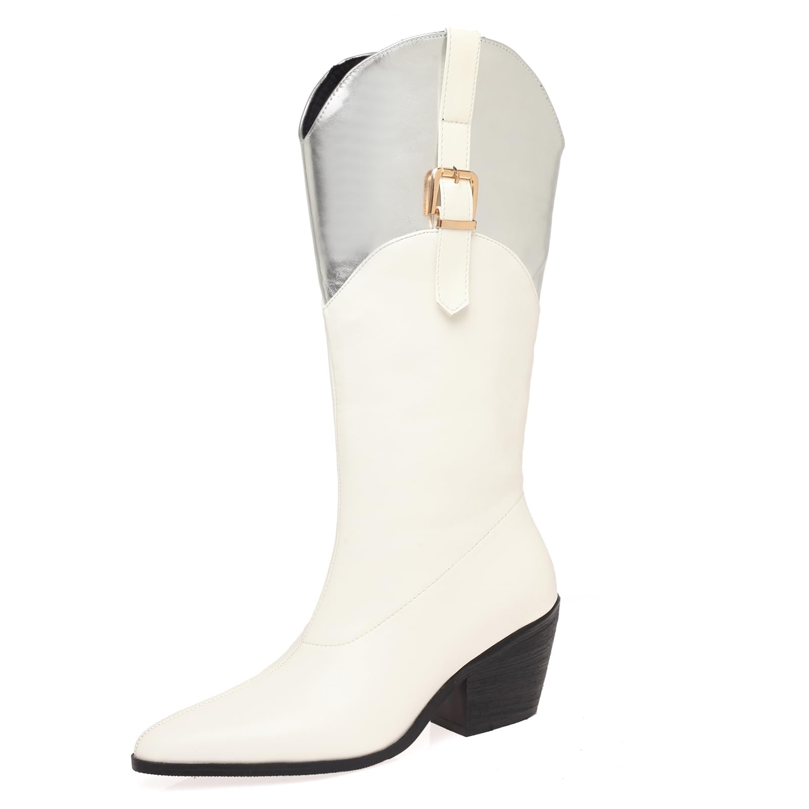 Women Causal Mid calf Cowboy Boots Wide Calf Chunky Heels Pointed Toe Pull On Colorblock Tall Cowgirl Boots for Dating Party